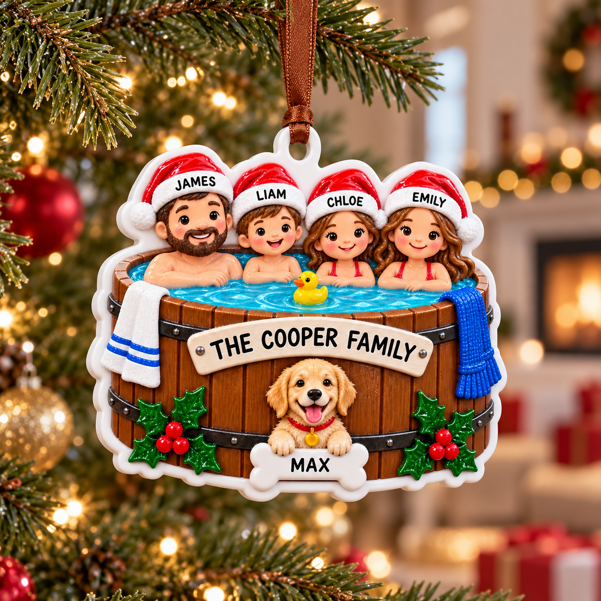 Family of 4 with Dog in Hot Tub Holiday Keepsake - 3D Relief Ornament