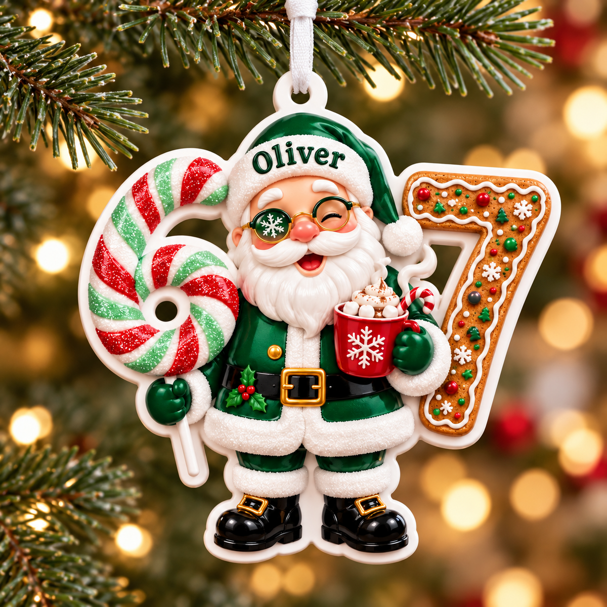 Green Santa Claus Number 67 Acrylic Christmas Tree Decoration - 3D Relief Ornament