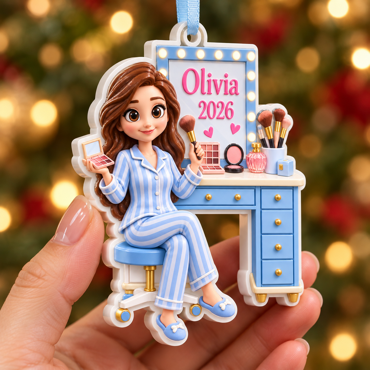 Girl in Pajamas at Vanity Mirror with Makeup Brushes - 3D Relief Ornament