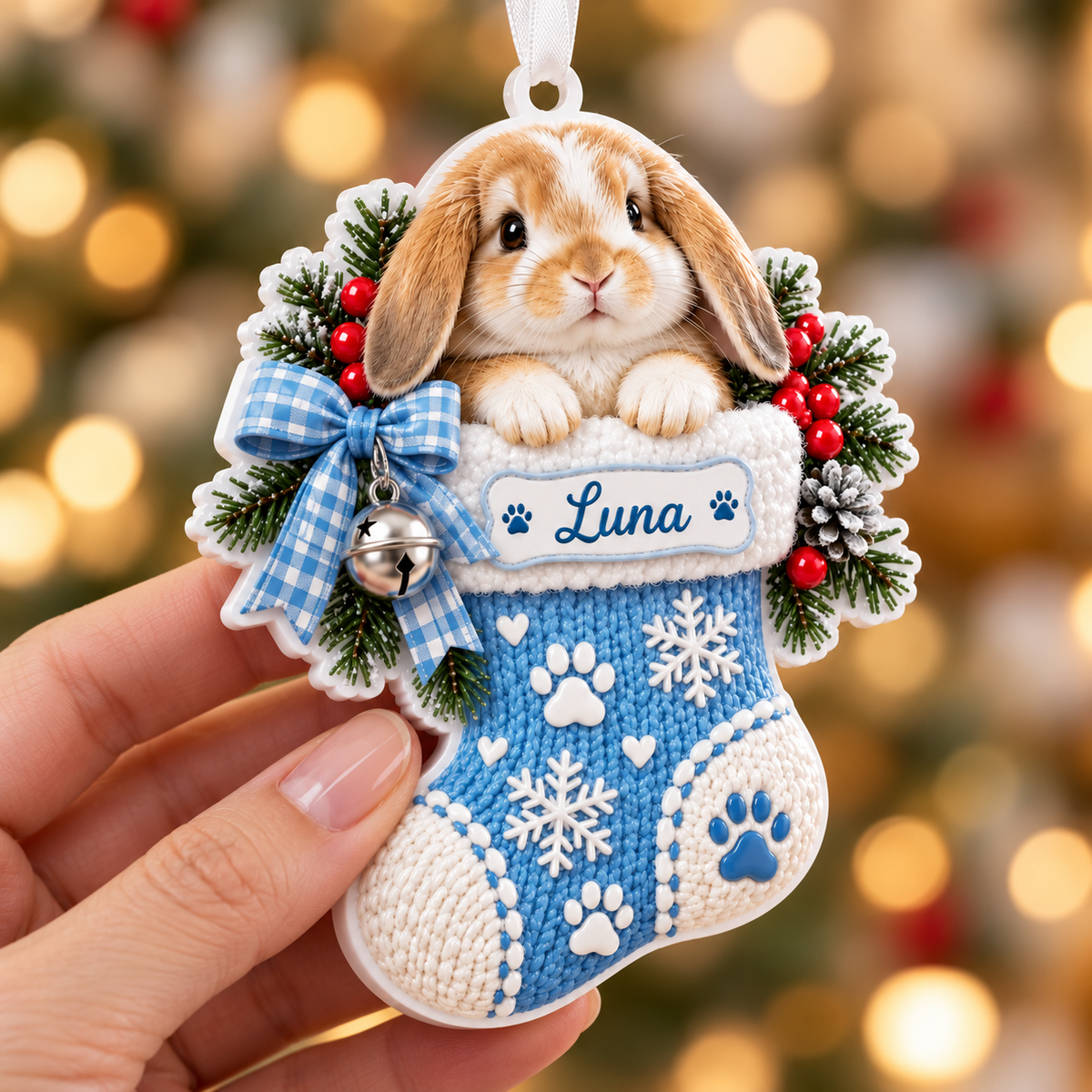 Lop Eared Bunny in Knitted Christmas Stocking Acrylic Holiday Decor - 3D Relief Ornament