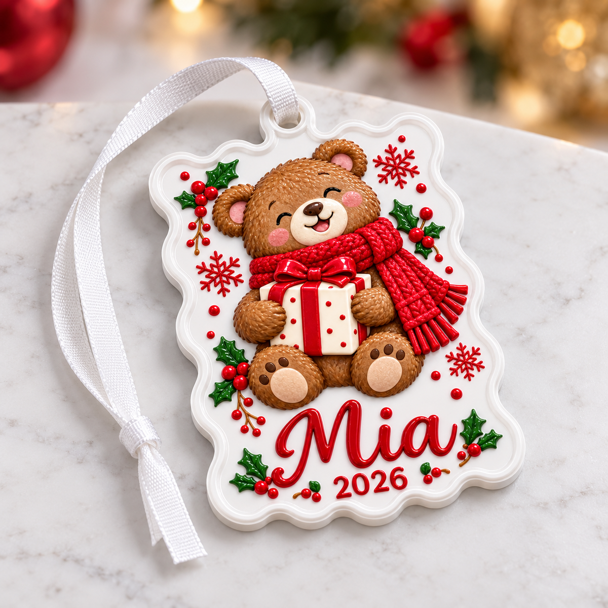 Christmas Teddy Bear with Gift Box Scalloped Holiday Keepsake - 3D Relief Ornament