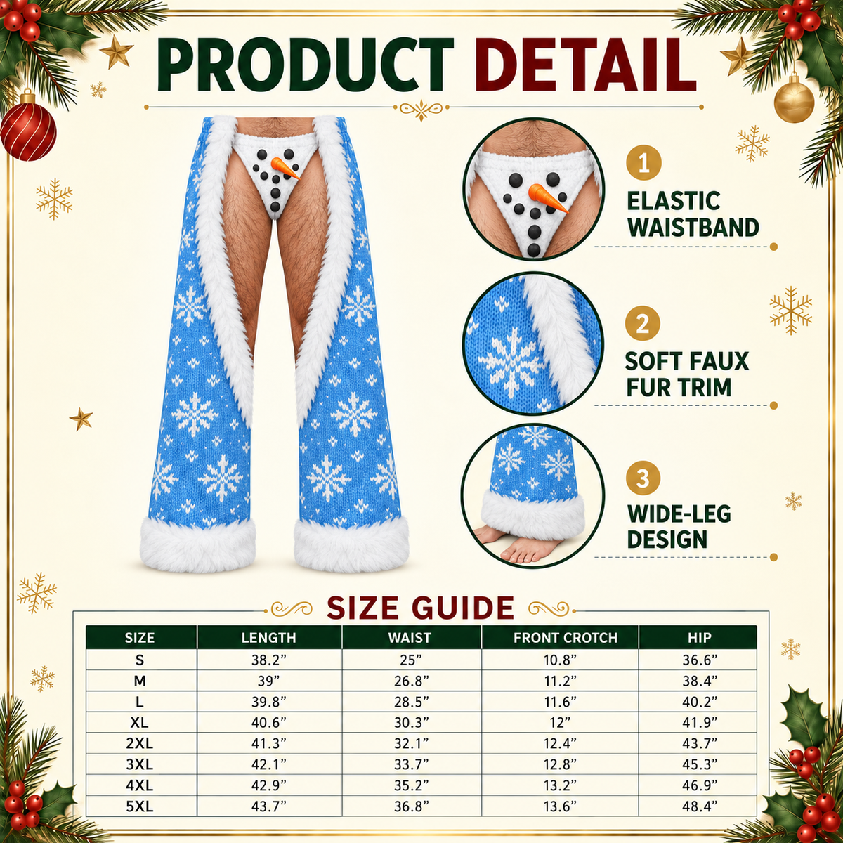 Novelty Christmas Chaps Blue Snowflake Fur Trim Holiday Pants