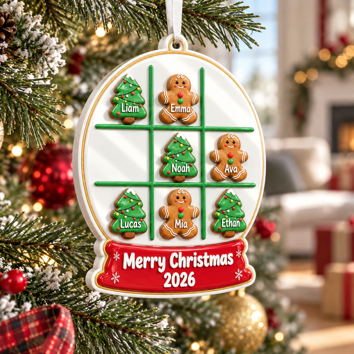 Christmas Tree and Gingerbread Man Tic Tac Toe Snow Globe Hanging Decor - 3D Relief Ornament