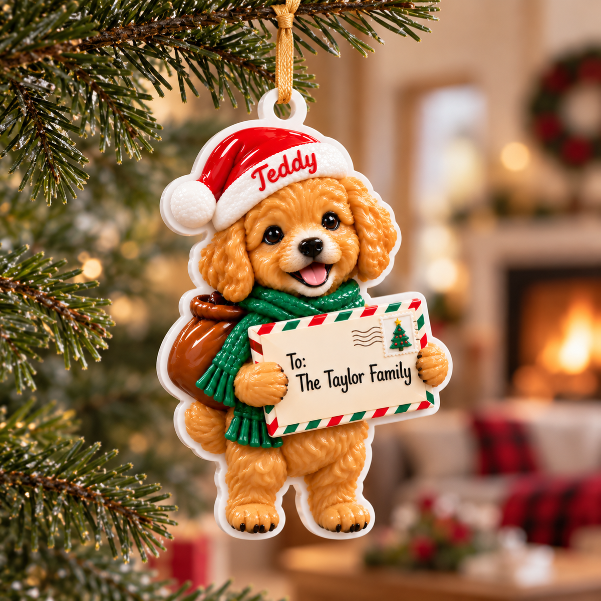 Christmas Puppy Holding Holiday Letter Hanging Tree Decor - 3D Relief Ornament