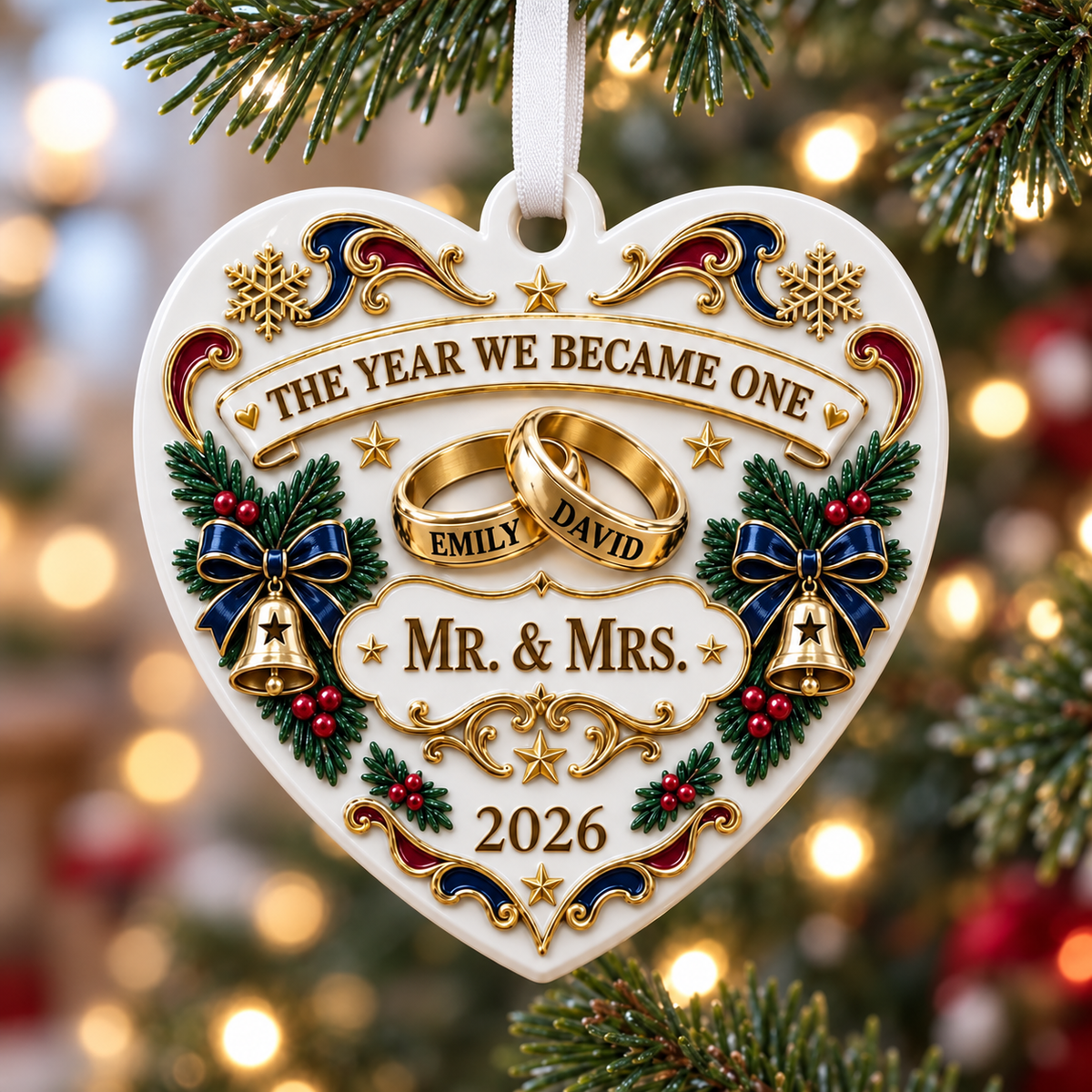 Heart Wedding Keepsake with Rings and Bells for Christmas Tree Decor - 3D Relief Ornament
