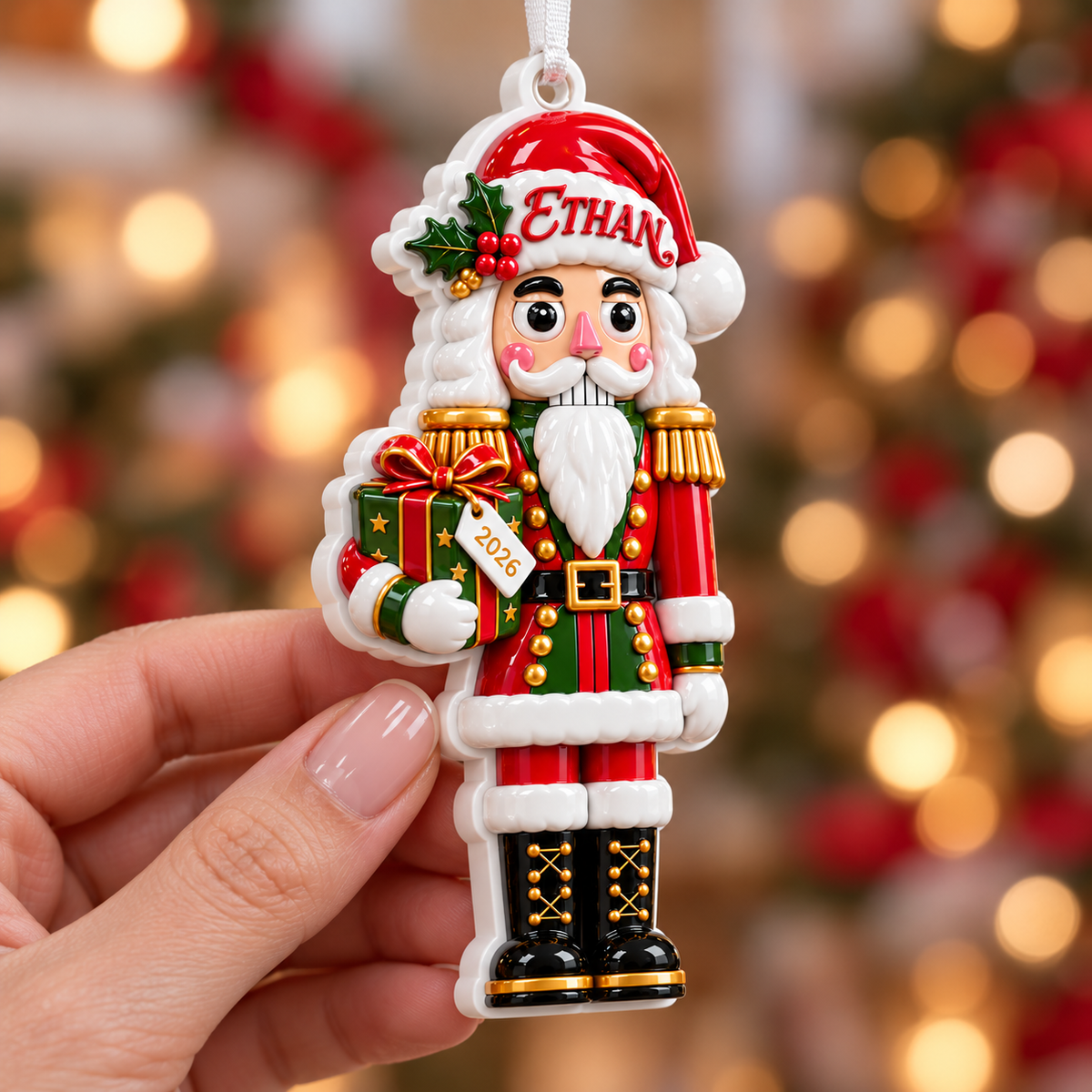 Nutcracker Soldier Holding Gift Box Acrylic Hanging Holiday Decor - 3D Relief Ornament