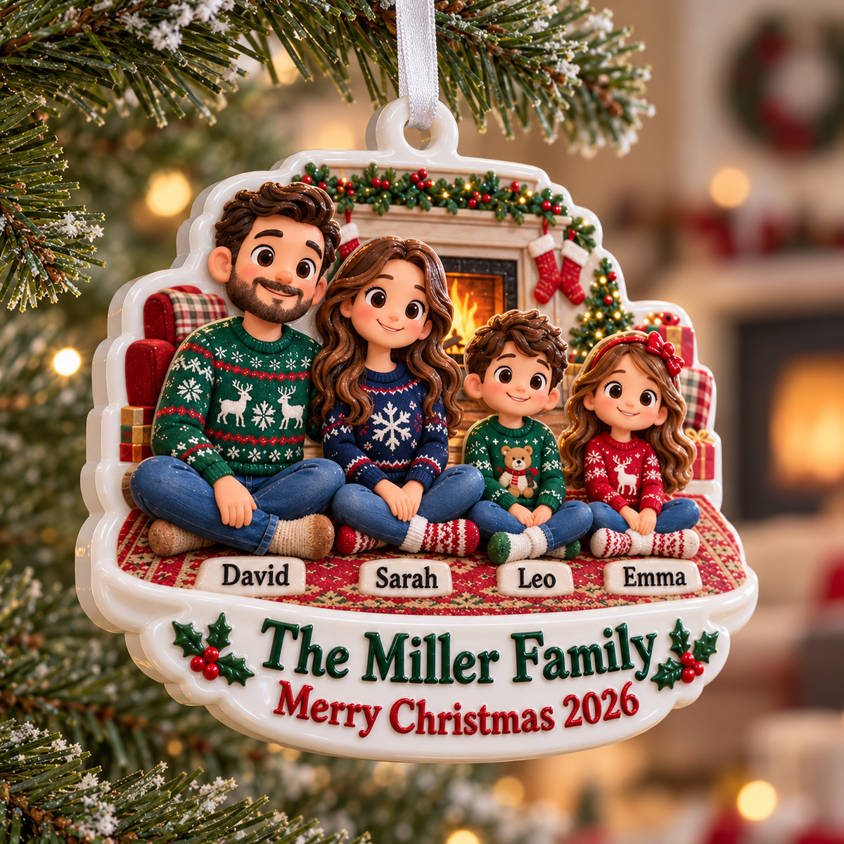 Family of Four by the Fireplace Cartoon Holiday Keepsake - 3D Relief Ornament