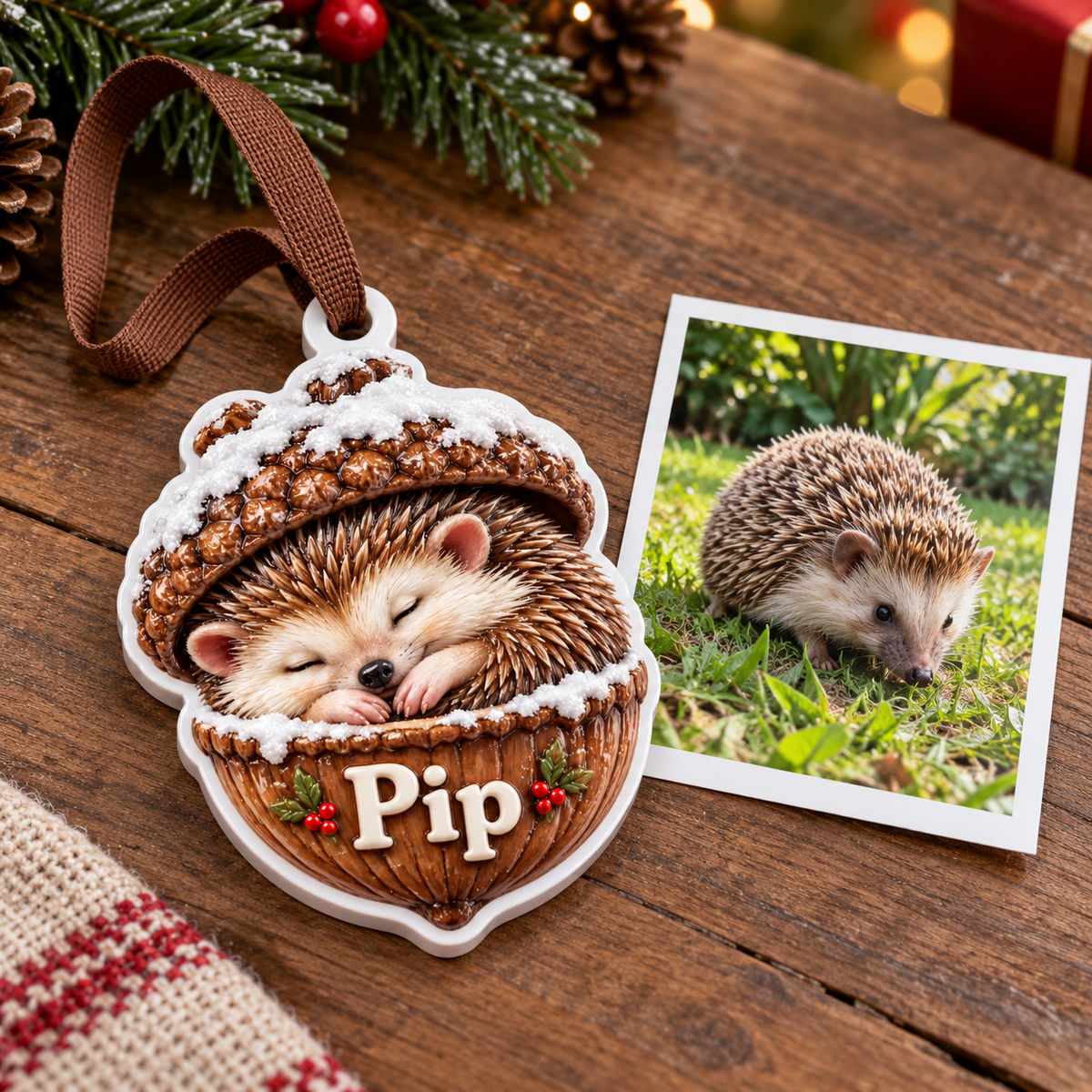 Sleeping Hedgehog in Acorn Shell Holiday Tree Decoration - 3D Relief Ornament