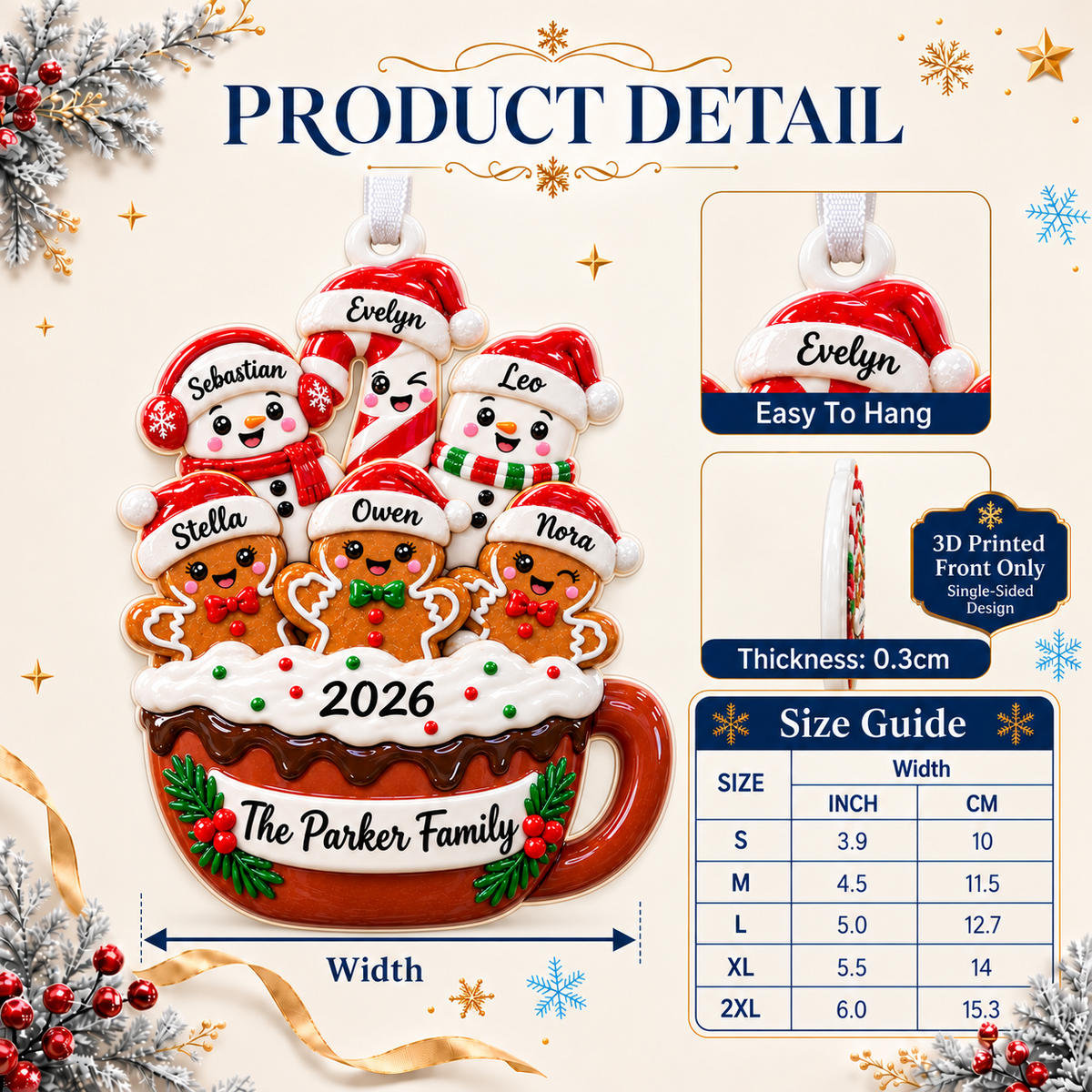 Hot Cocoa Mug Snowman and Gingerbread Family Holiday Tree Hanging Decor - 3D Relief Ornament