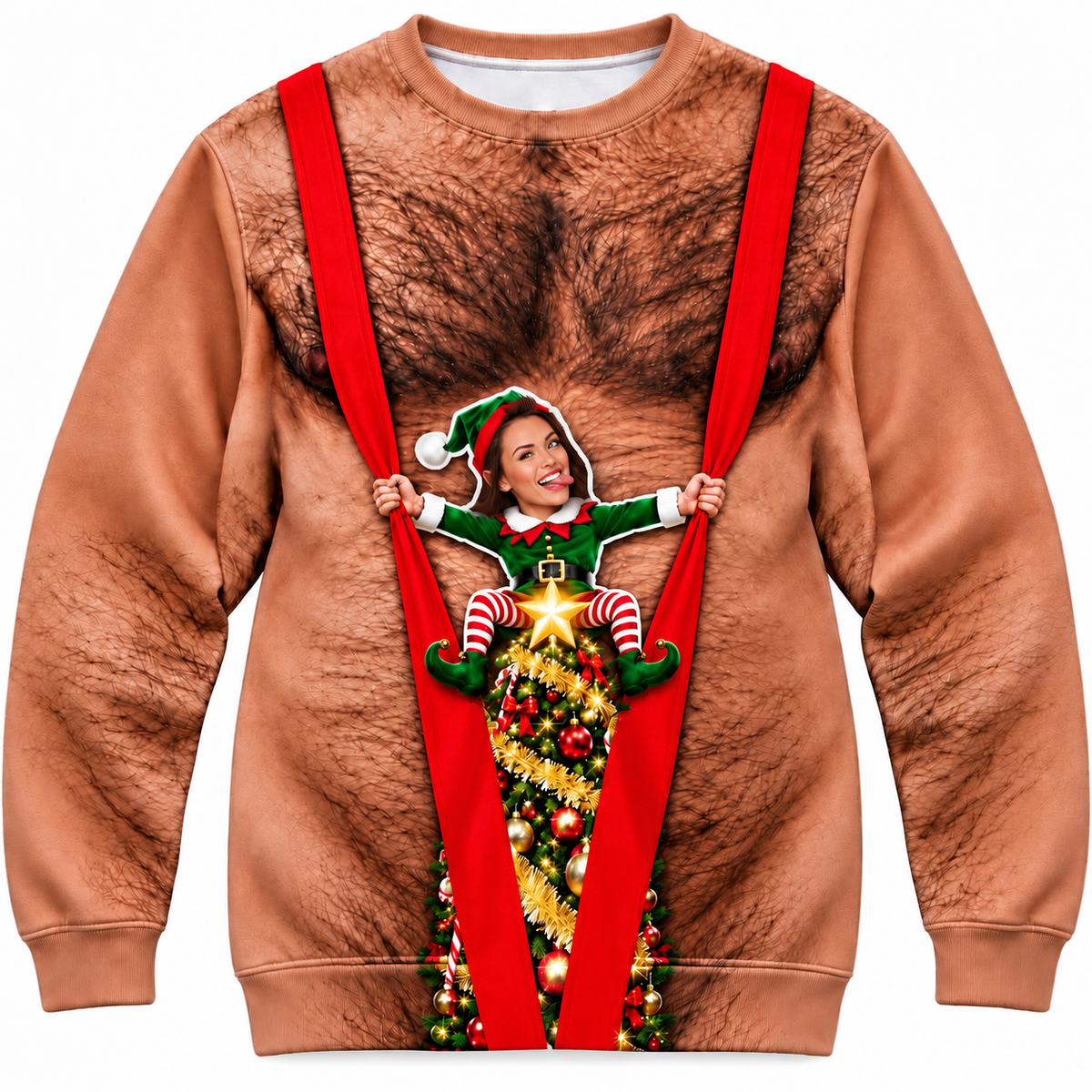 Funny Christmas Sweatshirt, Hairy Chest Elf Graphic Holiday Pullover
