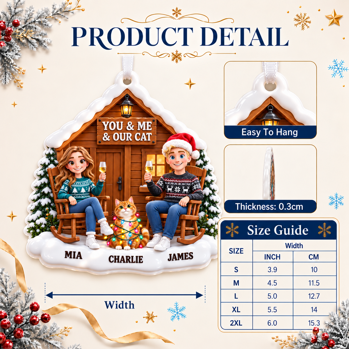 Couple and Cat Winter Log Cabin Porch Holiday Tree Hanging Keepsake - 3D Relief Ornament