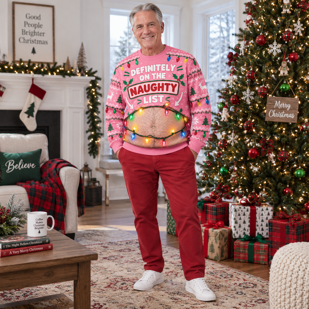 Funny Christmas Sweatshirt Fake Belly Print Novelty Holiday Pullover