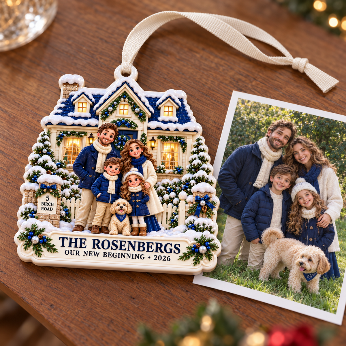 New Home Family with Dog and Snowy House Winter Keepsake - 3D Relief Ornament
