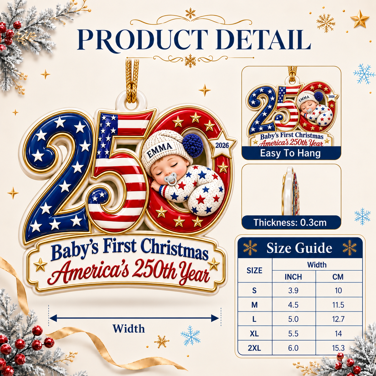 Baby's First Christmas America 250th Year 2026 Patriotic Holiday Keepsake - 3D Relief Ornament
