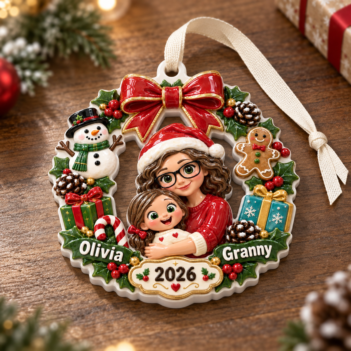 Grandmother and Granddaughter Christmas Wreath Holiday Keepsake - 3D Relief Ornament