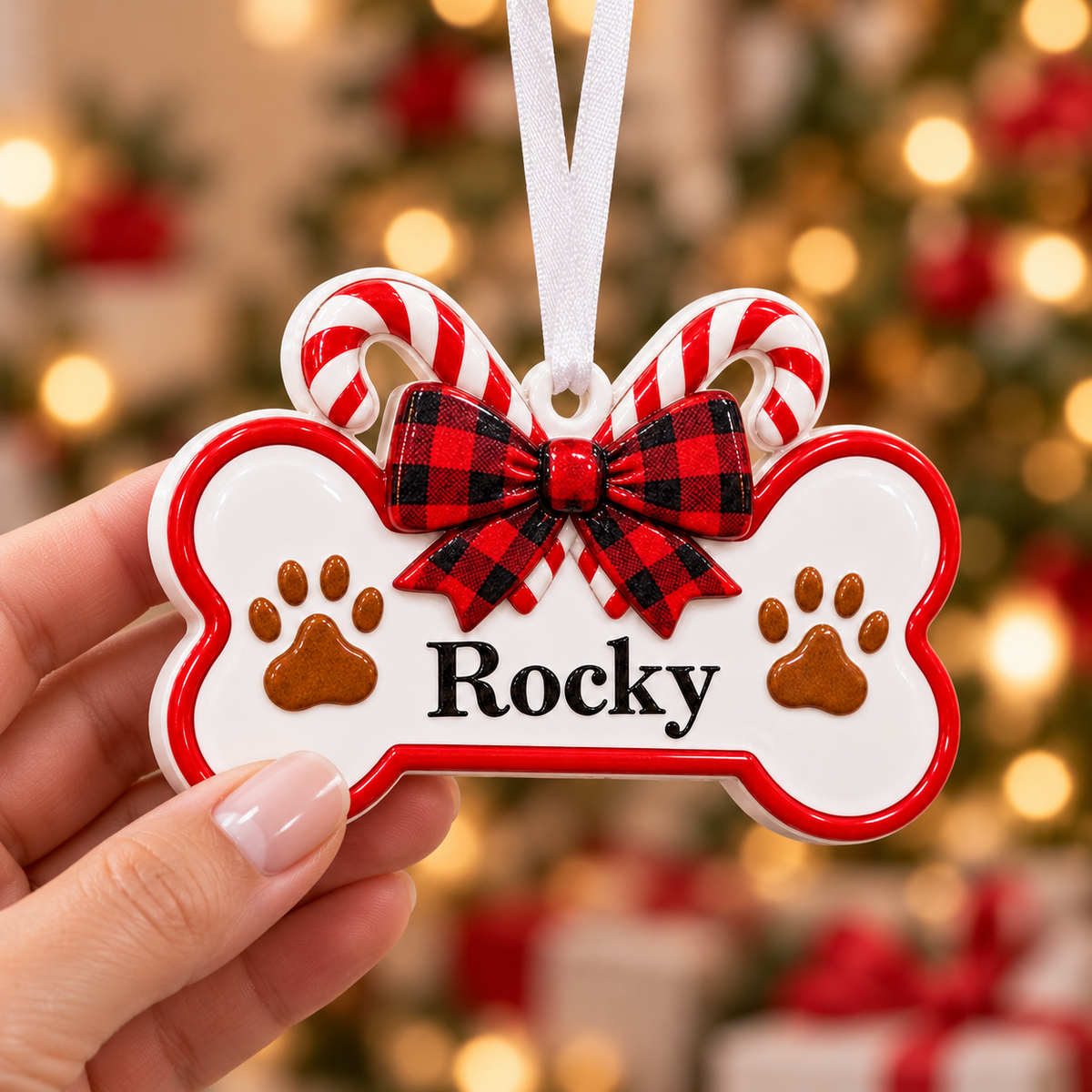 Dog Bone Holiday Keepsake with Candy Canes and Plaid Ribbon Bow - 3D Relief Ornament