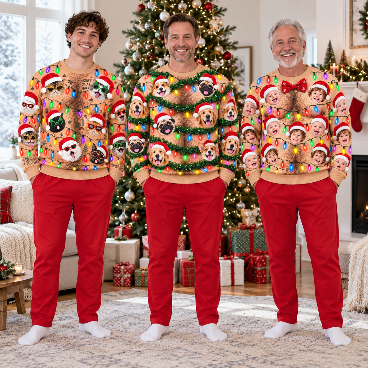 Christmas Sweatshirt, Funny Hairy Chest Holiday Lights Crewneck Top