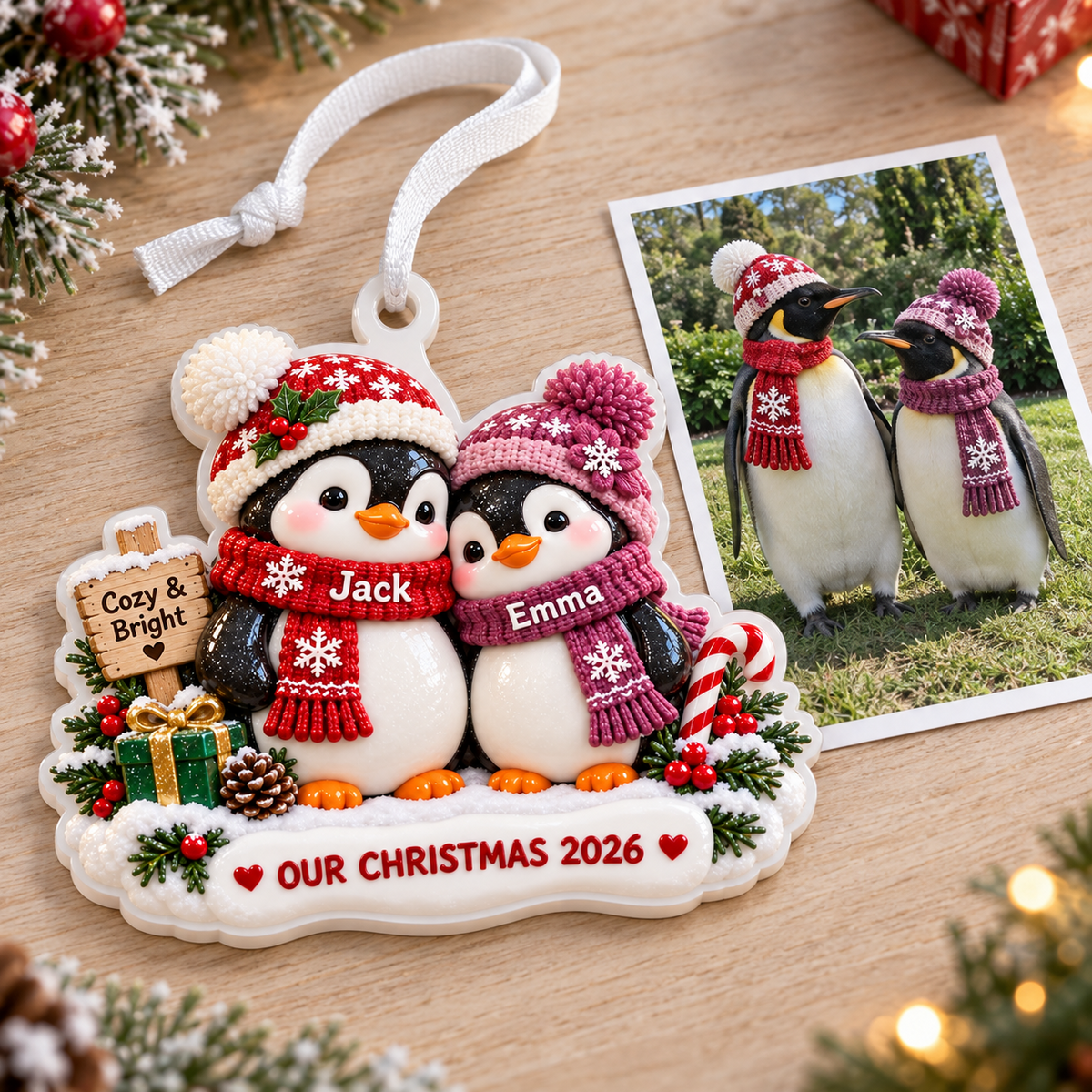 Winter Penguin Couple Holiday Keepsake with Knit Beanies and Snow Base - 3D Relief Ornament