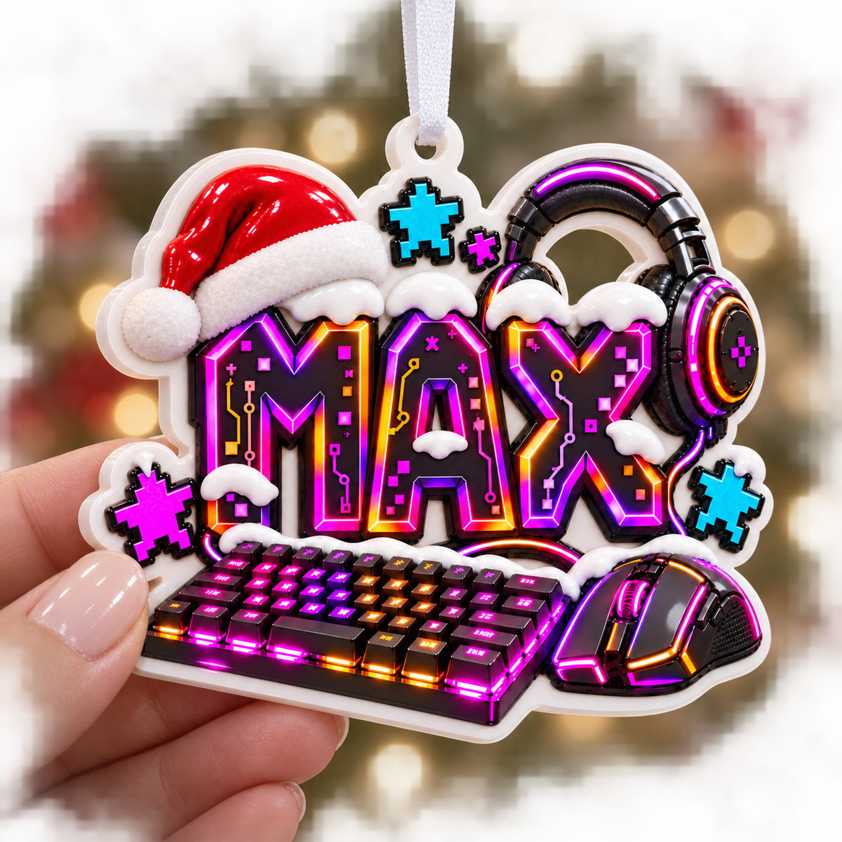 Video Gaming Santa Hat with Keyboard and Headset Christmas Holiday Decoration - 3D Relief Ornament