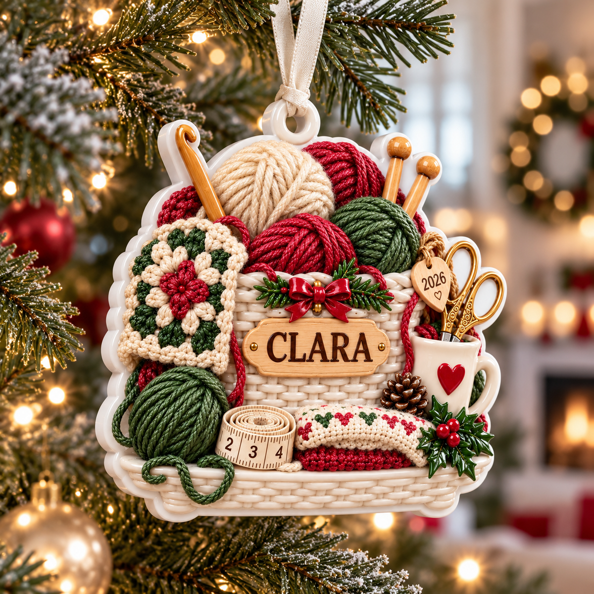 Crochet and Knitting Basket Yarn Balls Holiday Keepsake - 3D Relief Ornament