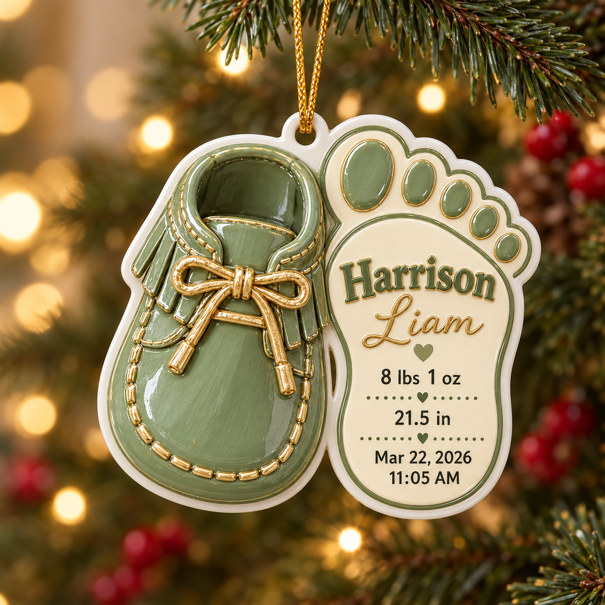Baby Bootie Shoe and Footprint Birth Announcement Keepsake, Sage Green Holiday Decor - 3D Relief Ornament