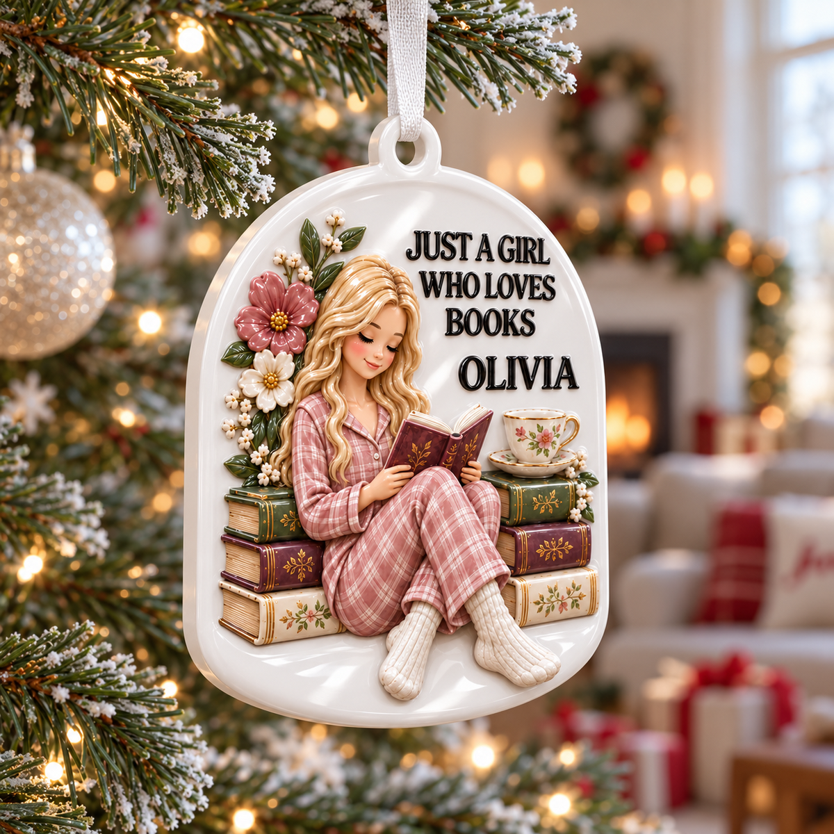 Glossy White Arched Acrylic Christmas Tree Hanging Plaque with Ribbon - 3D Relief Ornament