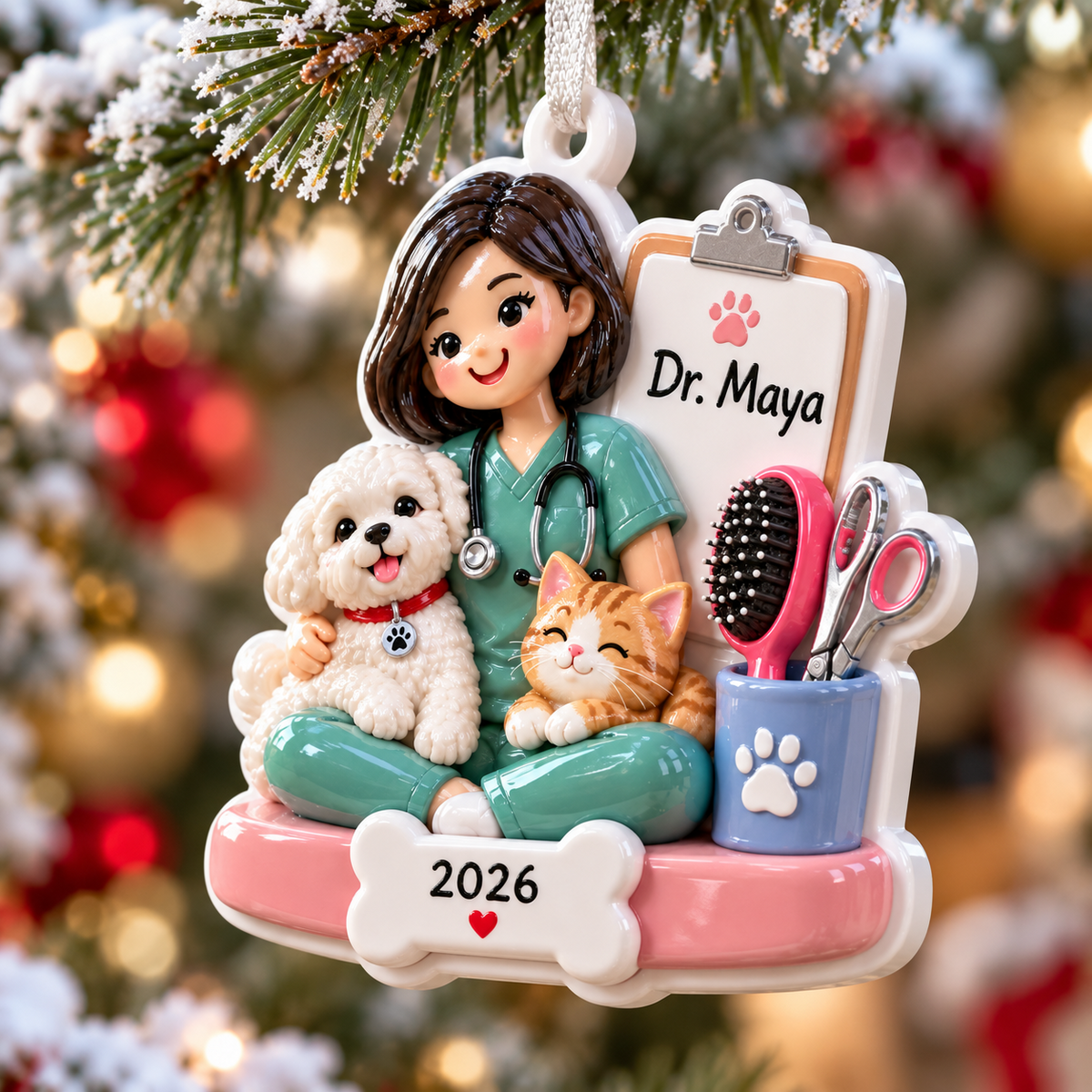 Female Veterinarian with Dog and Cat Resin Figurine Holiday Decor - 3D Relief Ornament