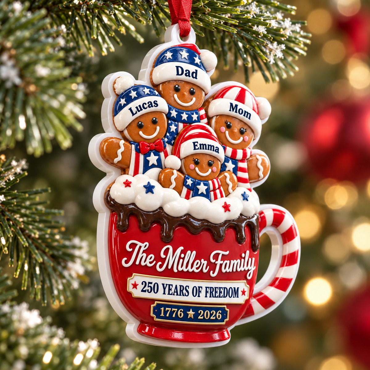 Patriotic Hot Cocoa Mug 250 Years of Freedom Holiday Tree Hanging Decor - 3D Relief Ornament