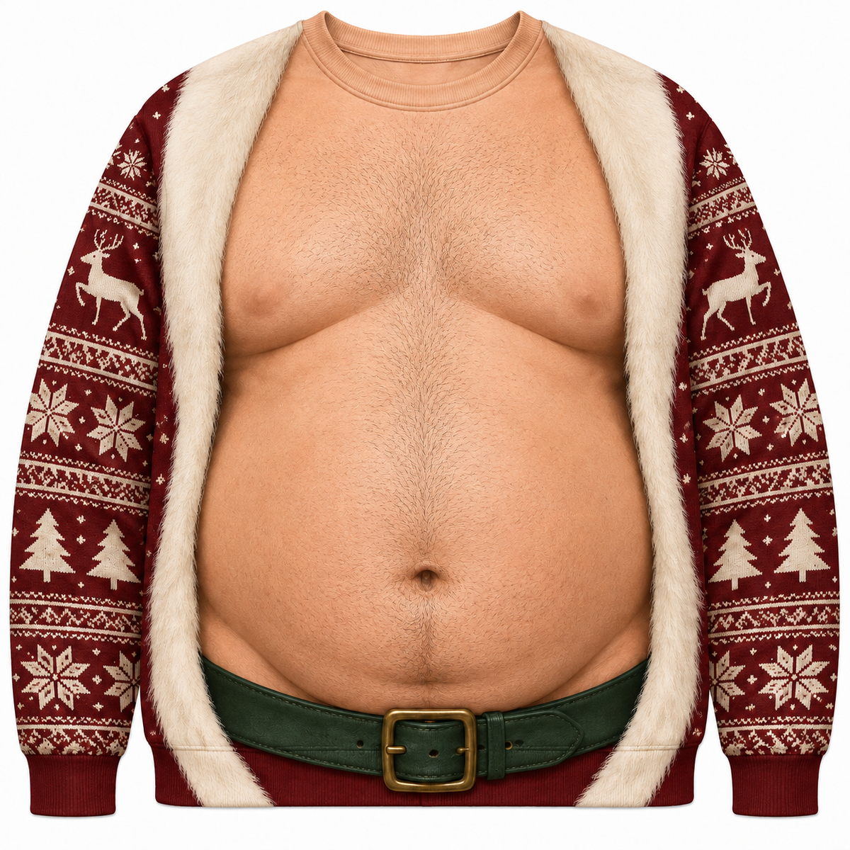 Funny Ugly Christmas Sweatshirt Fake Bare Chest Belly Graphic Crewneck