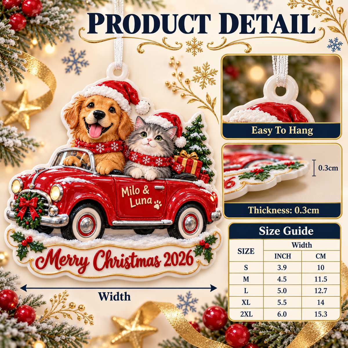 Dog and Cat in Vintage Red Car Holiday Keepsake - 3D Relief Ornament