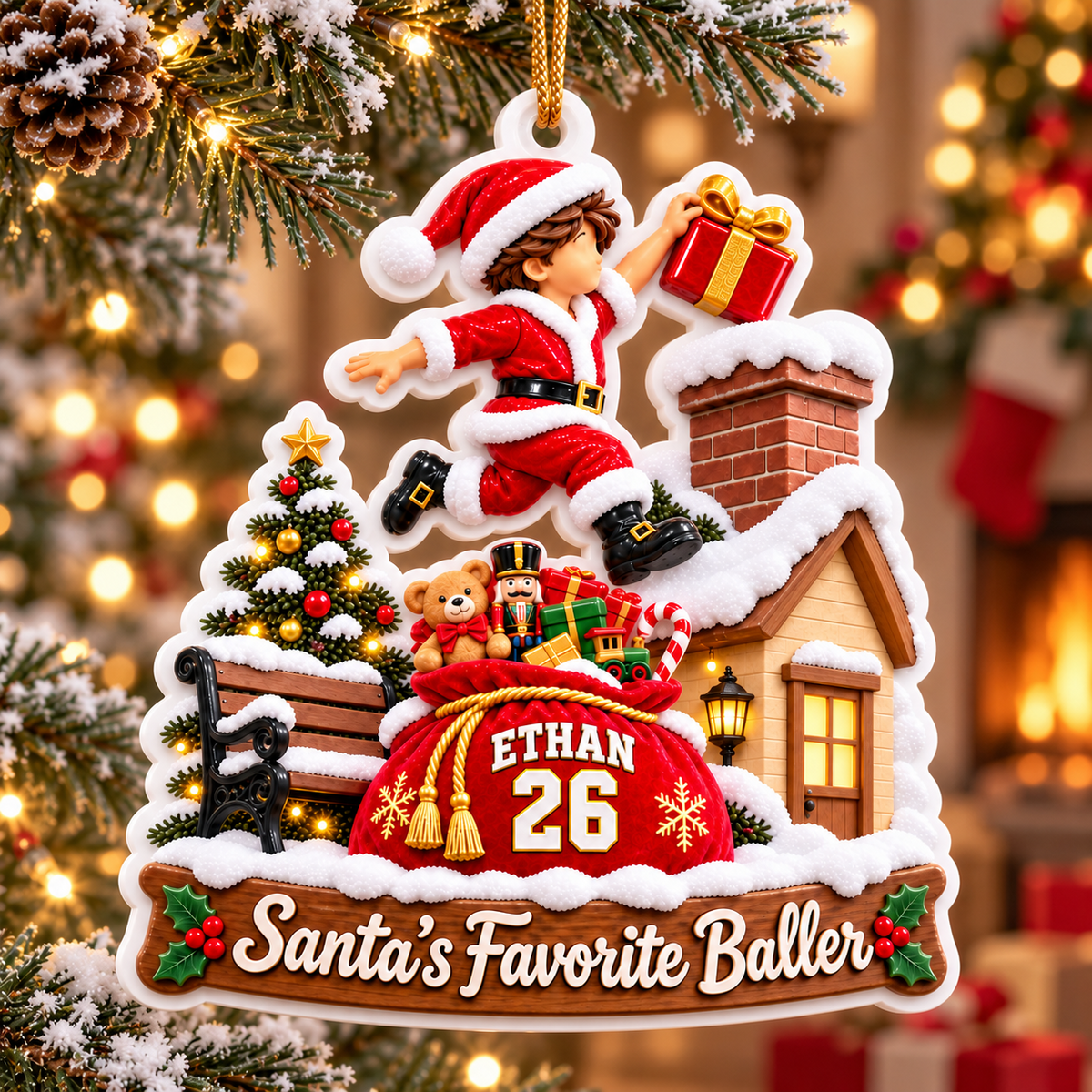 Santa's Favorite Baller Chimney Scene Acrylic Holiday Keepsake - 3D Relief Ornament