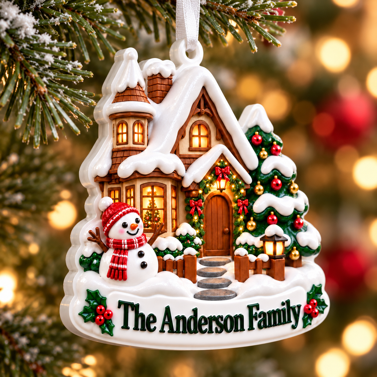 Snowy Winter House with Snowman and Christmas Tree - 3D Relief Ornament