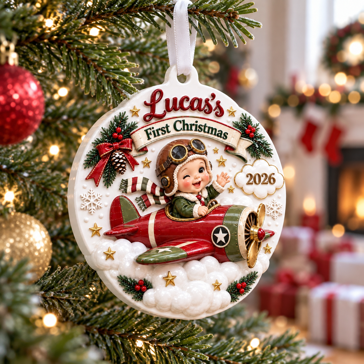 Baby First Christmas Aviator Pilot Red Airplane Holiday Tree Medallion - 3D Relief Ornament