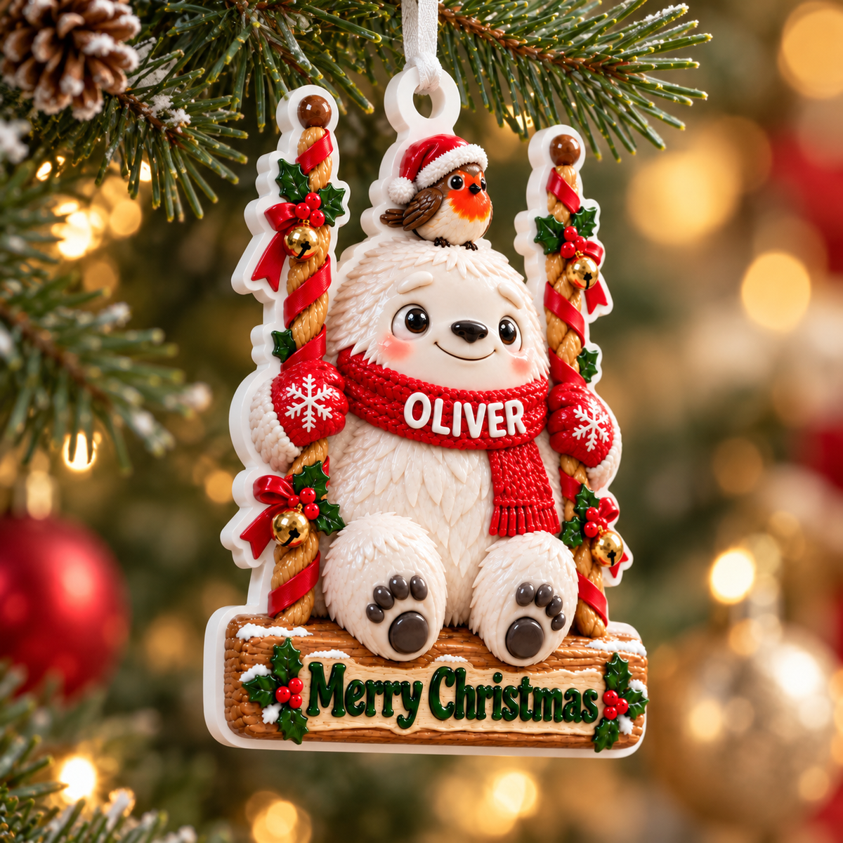 Winter Yeti on Swing with Robin and Holly Christmas Tree Hanging Keepsake - 3D Relief Ornament