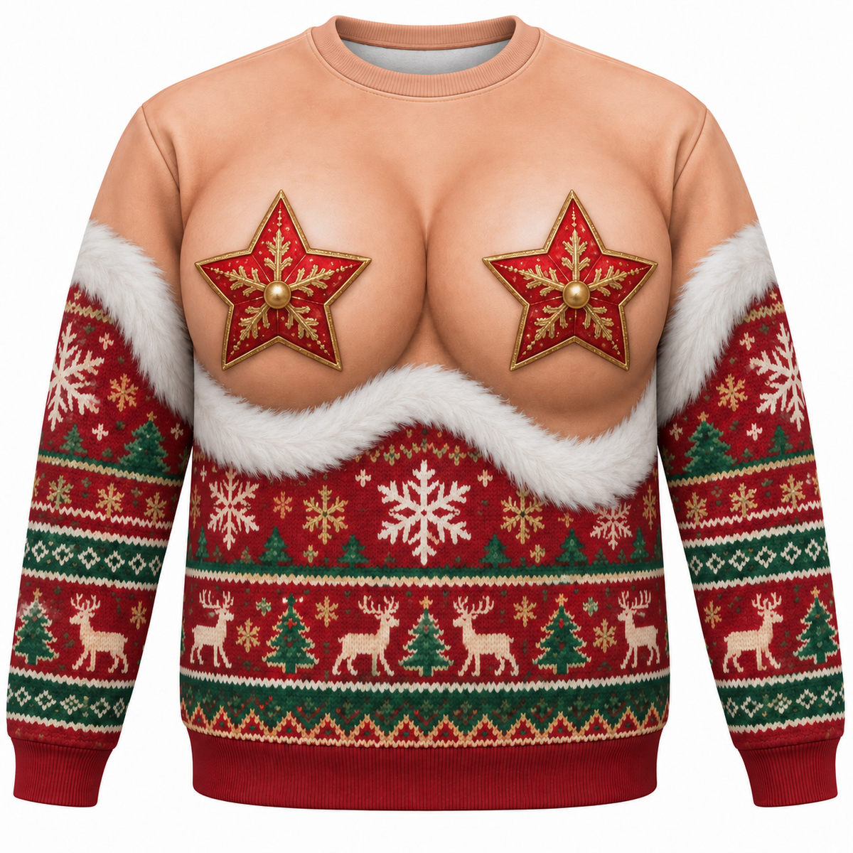 Funny Cleavage Ugly Christmas Sweatshirt, Faux Chest Holiday Top