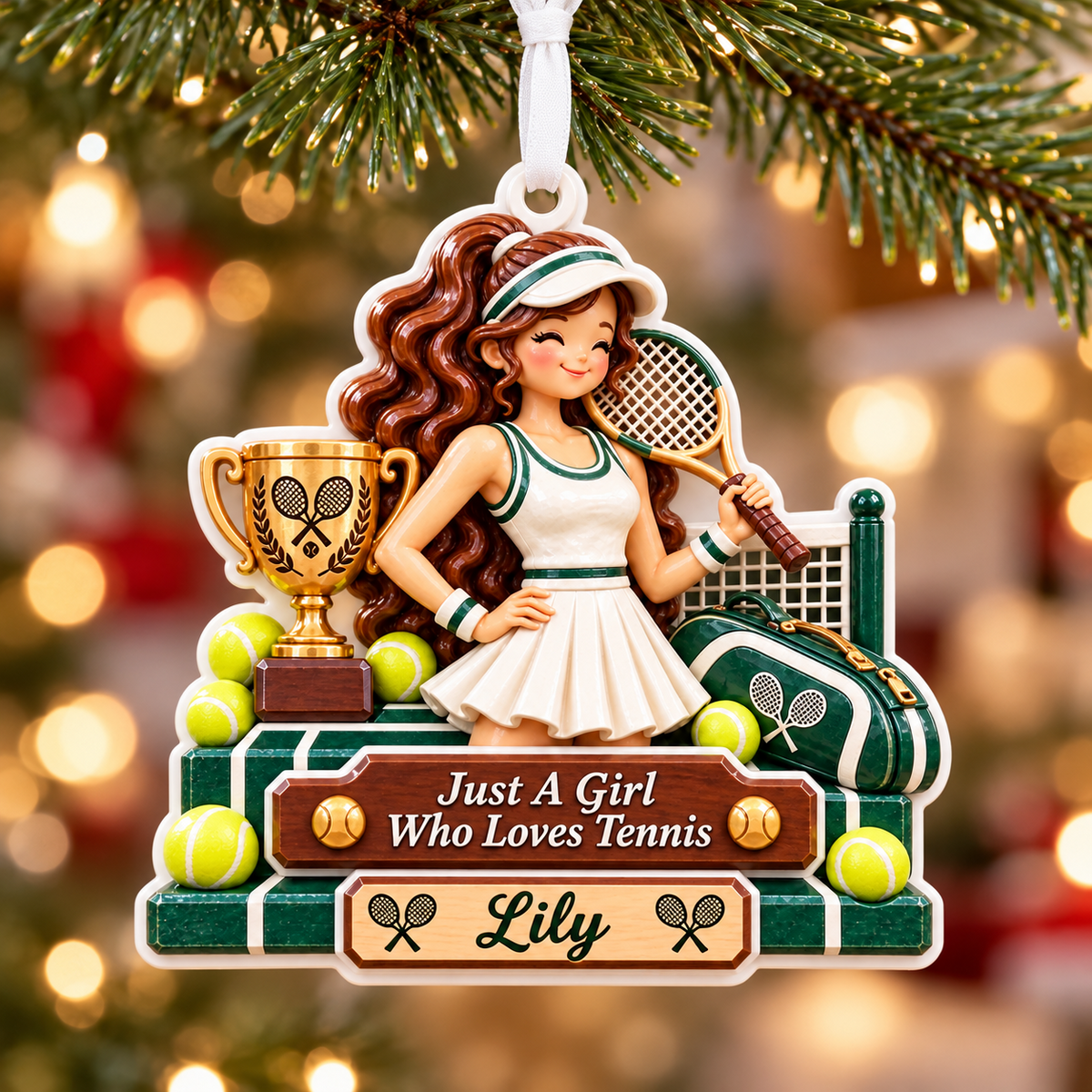 Girl Tennis Player with Trophy and Court Net Holiday Keepsake - 3D Relief Ornament