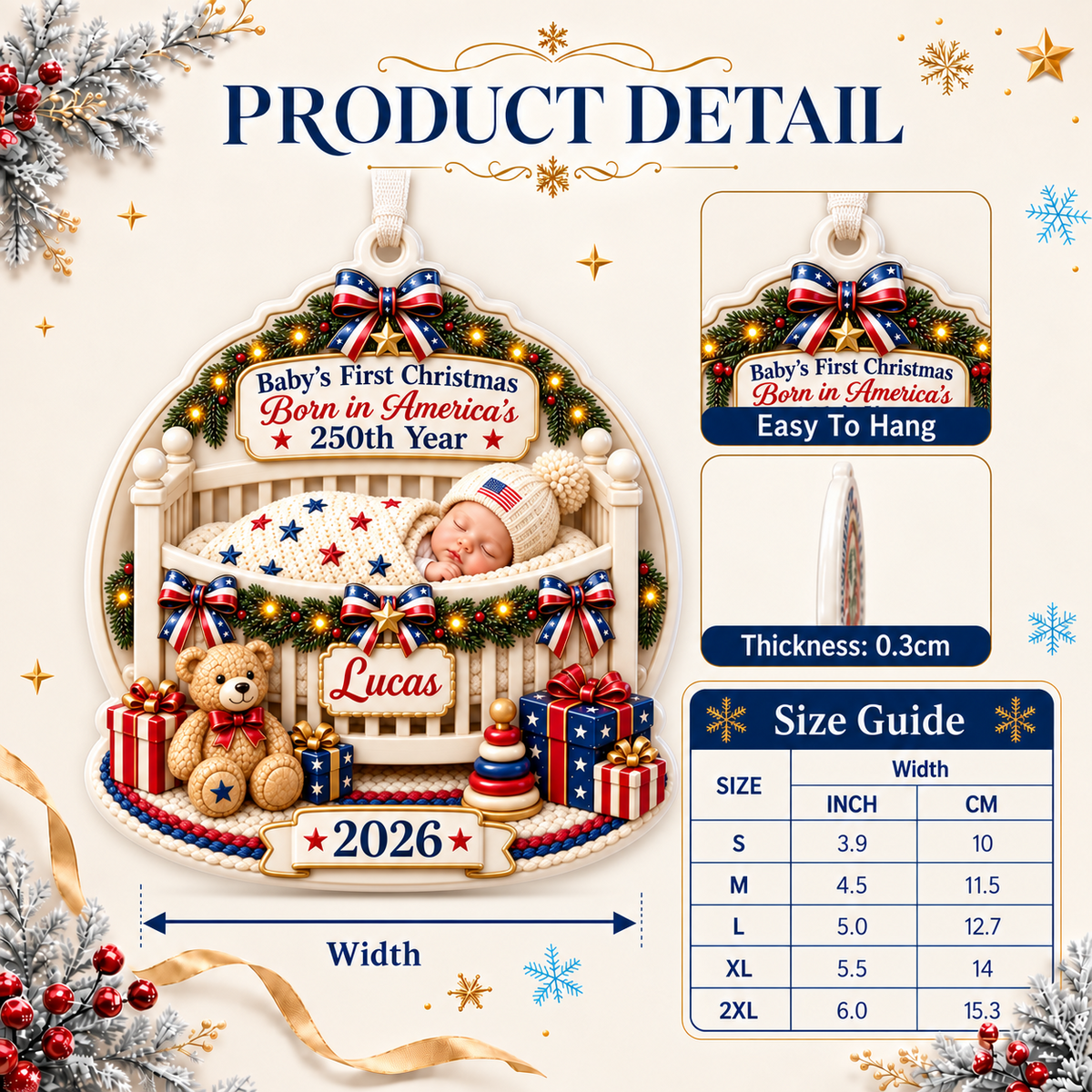 Baby's First Christmas Born in America's 250th Year Patriotic Crib Scene - 3D Relief Ornament