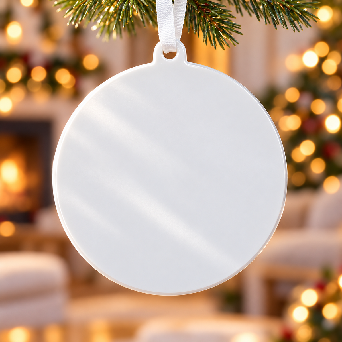 Round Christmas Tree Decoration with Winter Cabin, Snowman, and Pets - 3D Relief Ornament