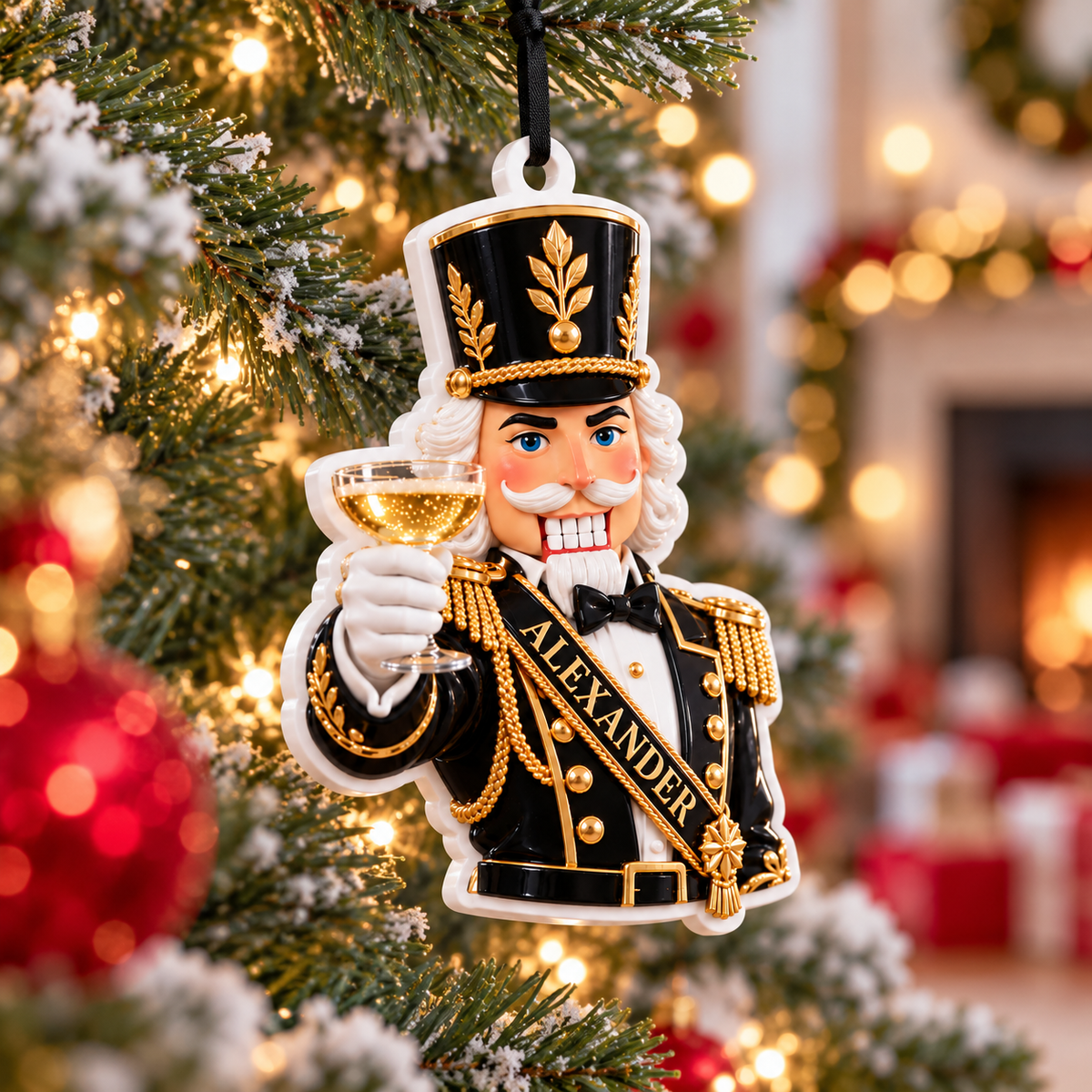Black and Gold Soldier Nutcracker Toasting Champagne Holiday Tree Decor - 3D Relief Ornament