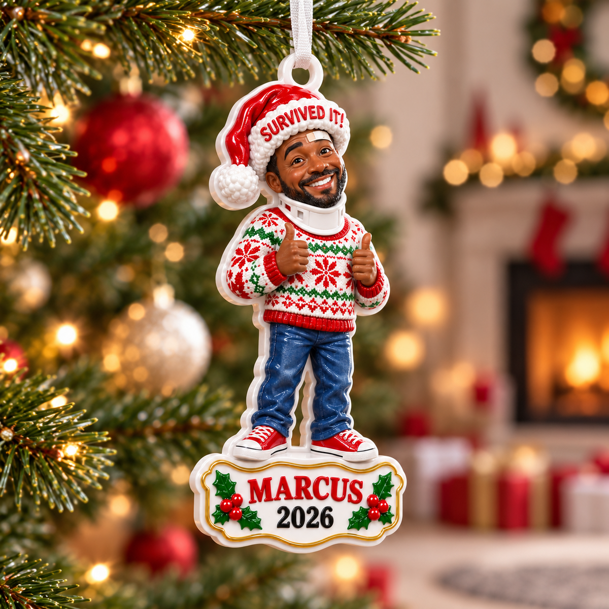 Survived It Injured Man in Ugly Sweater Christmas Tree Hanging Keepsake - 3D Relief Ornament
