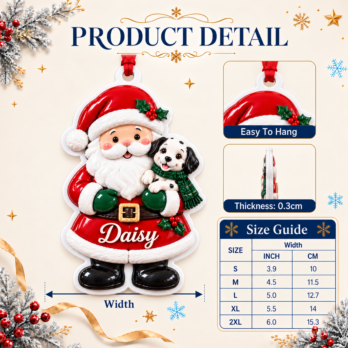 Santa Claus Holding Spotted Puppy Dog Christmas Tree Hanging Accent - 3D Relief Ornament