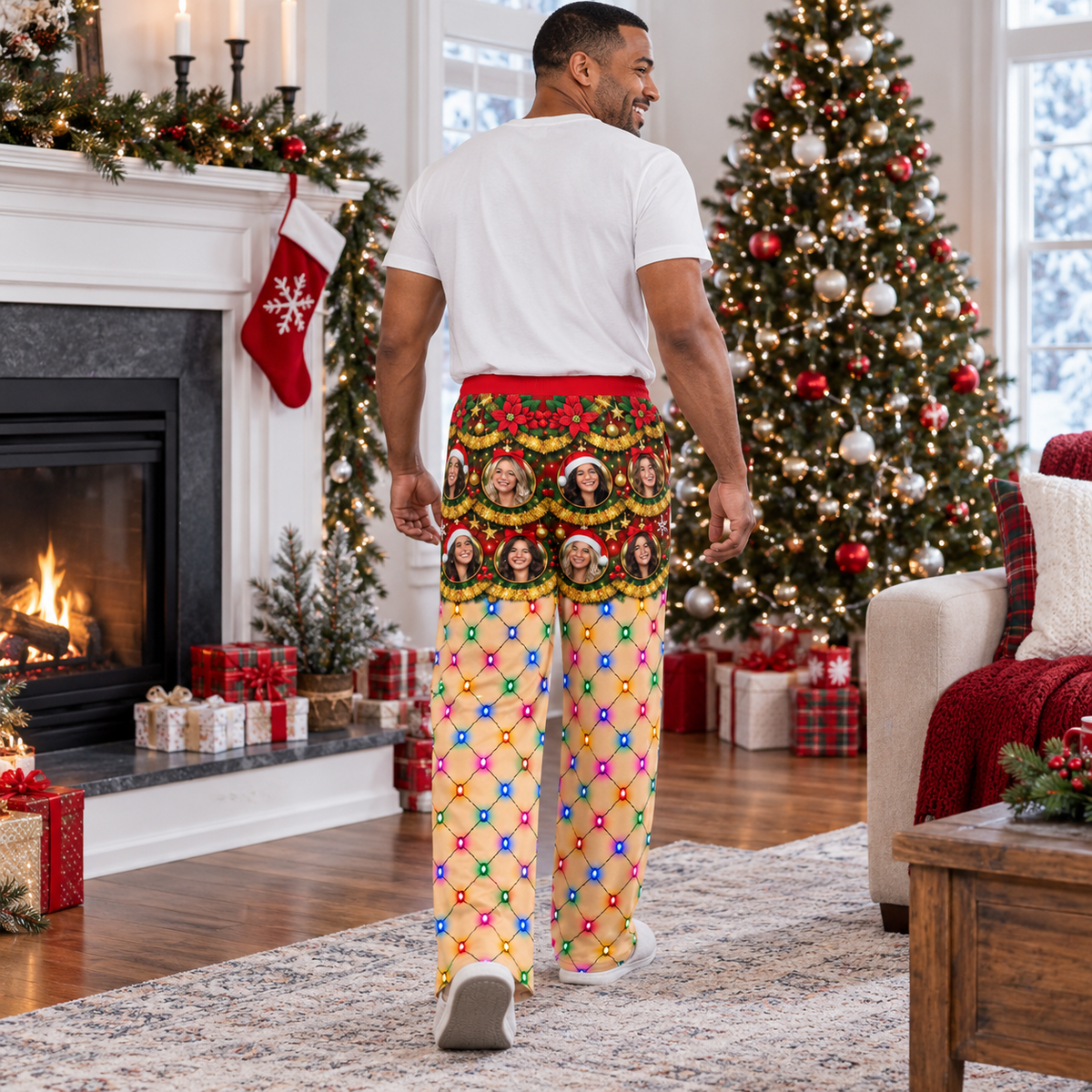 Mens Christmas Pajama Pants Holiday String Light Lounge Bottoms