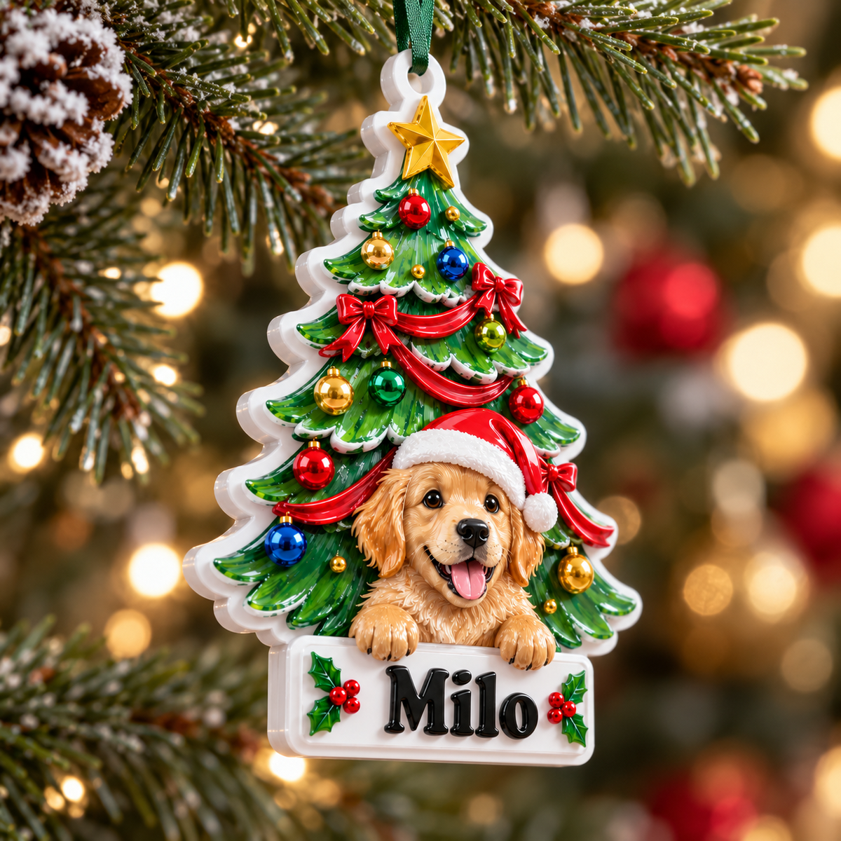 Golden Retriever Puppy Christmas Tree Hanging Holiday Decor - 3D Relief Ornament