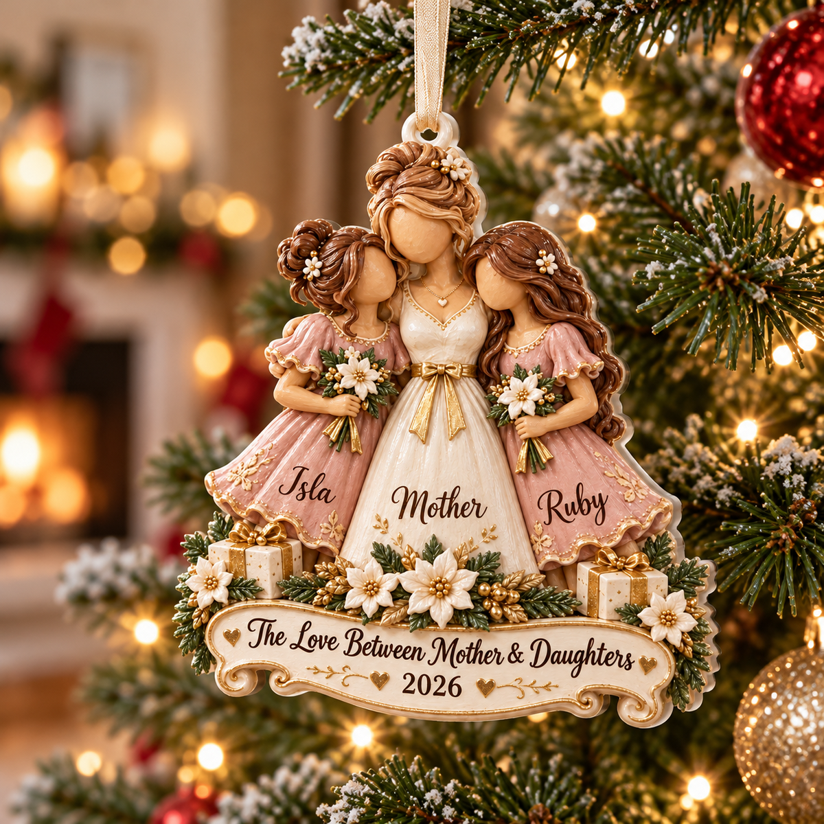 Mother and Two Daughters Holiday Keepsake with Ribbon Hanging - 3D Relief Ornament