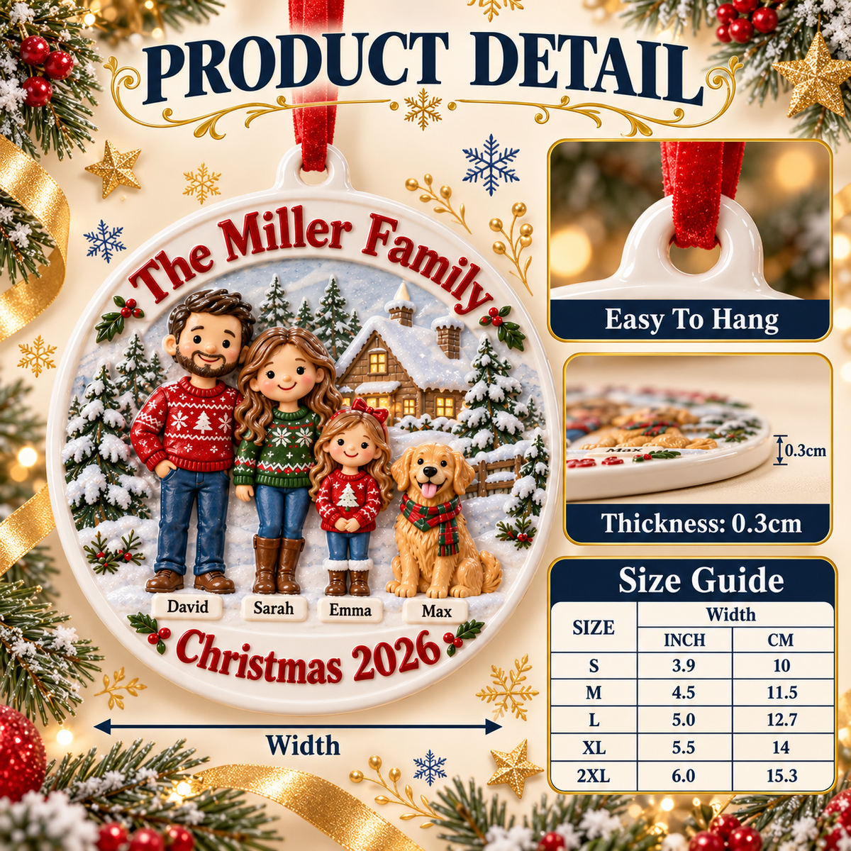 Family of Three with Dog Snowy Cabin Scene Holiday Keepsake - 3D Relief Ornament