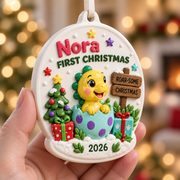 Baby Dinosaur Hatching Egg First Christmas Oval Holiday Keepsake - 3D Relief Ornament