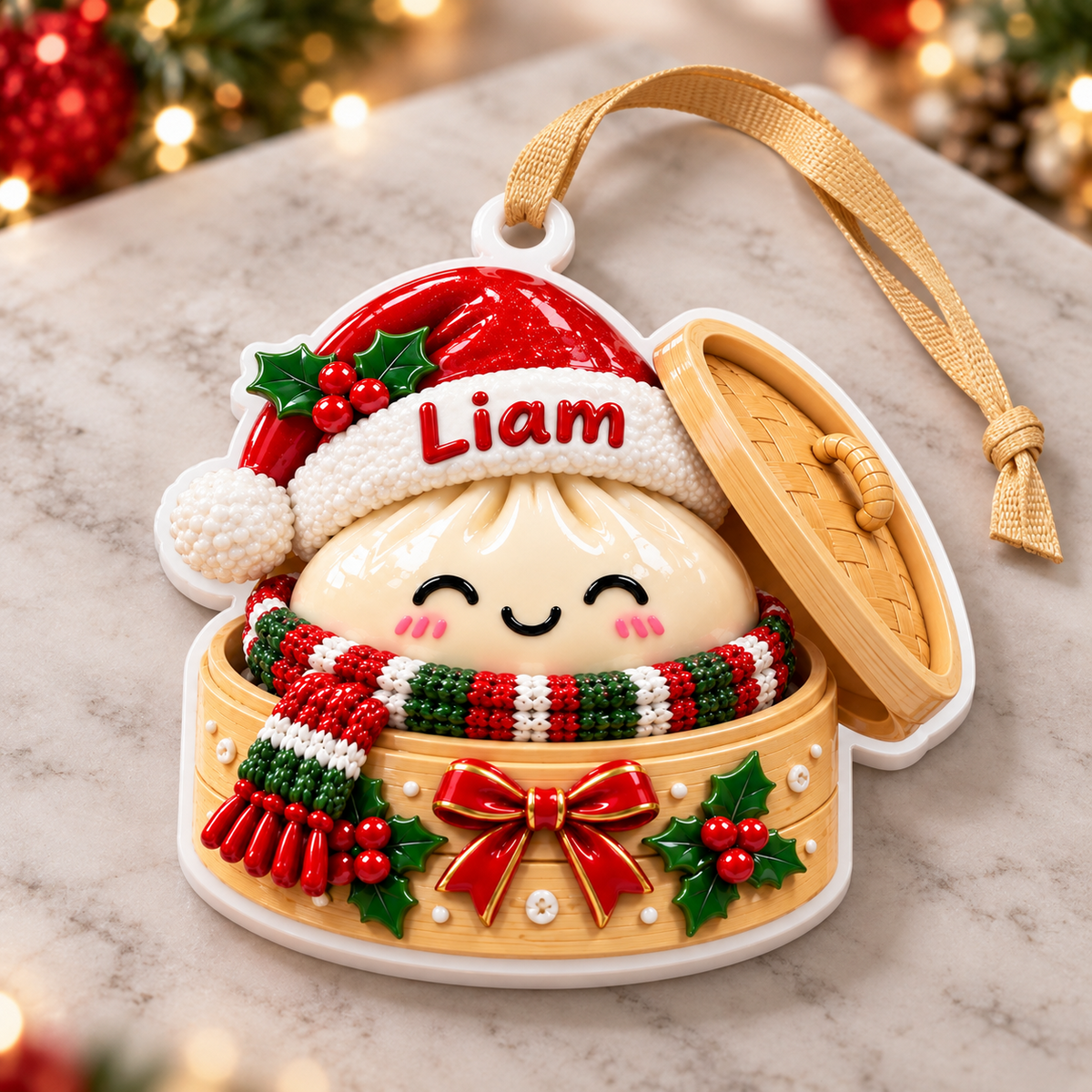 Steamed Dumpling in Bamboo Basket Christmas Tree Hanging Accent - 3D Relief Ornament