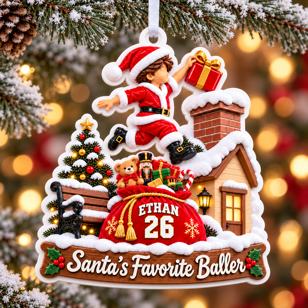 Santa's Favorite Baller Chimney Scene Acrylic Holiday Keepsake - 3D Relief Ornament