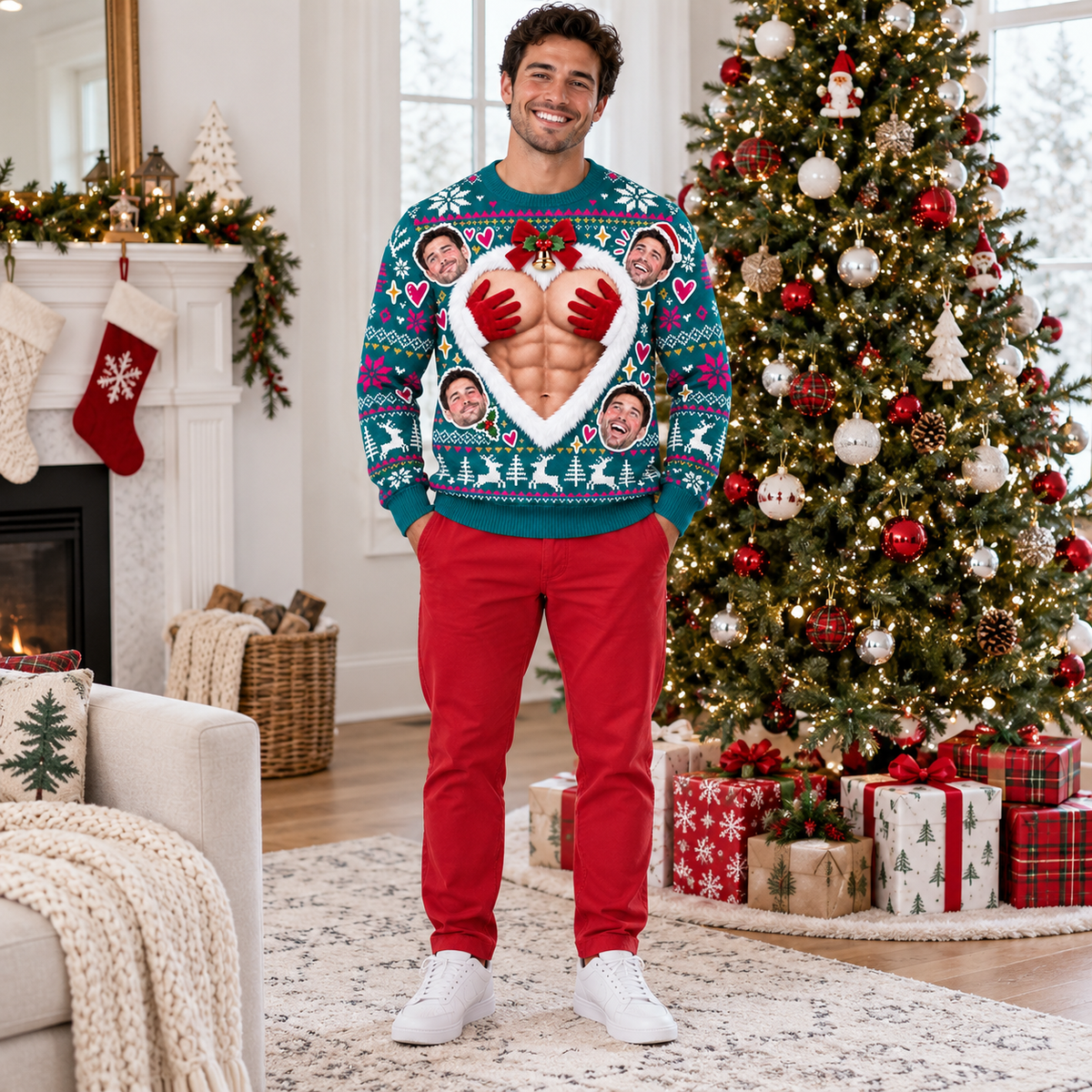Funny Ugly Christmas Sweater Muscular Chest Heart Graphic Pullover