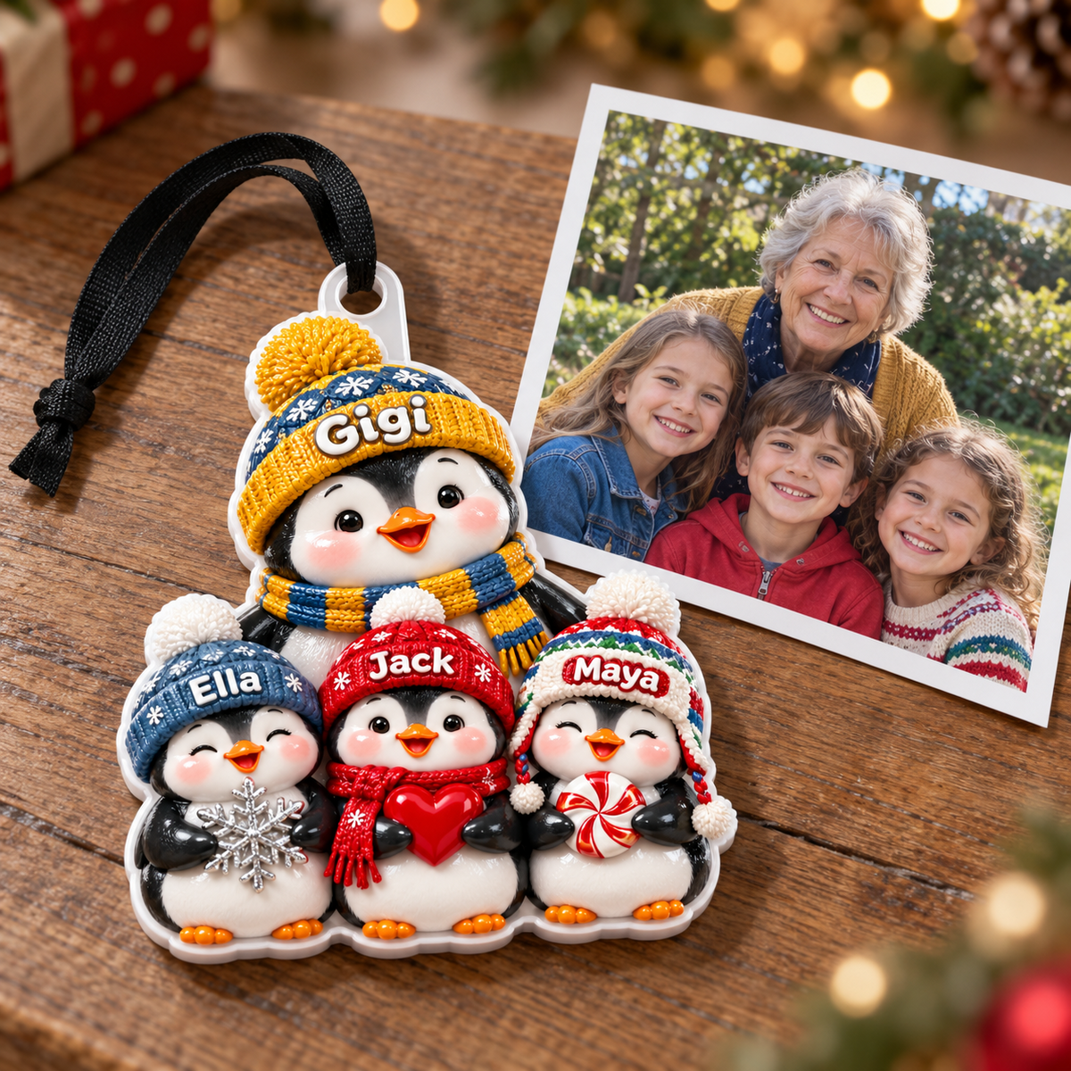 Winter Penguin Family with Knit Beanies Hanging Acrylic Holiday Accent - 3D Relief Ornament